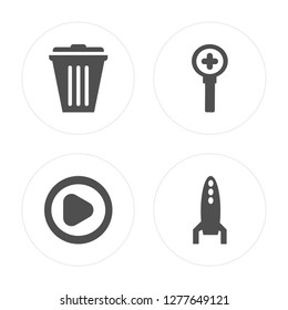 4 Garbage, Play button, Zoom, Rocket launch modern icons on round shapes, vector illustration, eps10, trendy icon set.