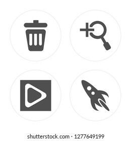 4 Garbage, Play button, Zoom, Rocket launch modern icons on round shapes, vector illustration, eps10, trendy icon set.