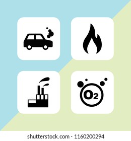 4 gas icons in vector set. flame, smoke, oxygen and industrial building with contaminants illustration for web and graphic design