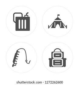 4 Gasoline, Fishing rod, Tent, Backpack modern icons on round shapes, vector illustration, eps10, trendy icon set.