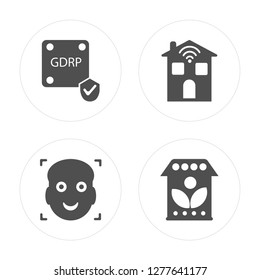 4 GDPR, Face scan, Smart home, Zero emission modern icons on round shapes, vector illustration, eps10, trendy icon set.