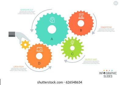 4 gear wheels with icons inside, arrows showing direction of their movement, hand that causes motion of mechanism and text boxes. Simple infographic design template. Vector illustration for brochure.