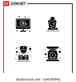4 Iconos generales para diseño de sitios web, aplicaciones impresas y móviles. 4 Símbolos de glifo carteles aislados en fondo blanco. Paquete de 4 iconos.