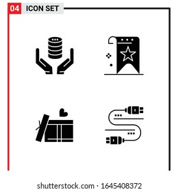 4 General Icons for website design print and mobile apps. 4 Glyph Symbols Signs Isolated on White Background. 4 Icon Pack.