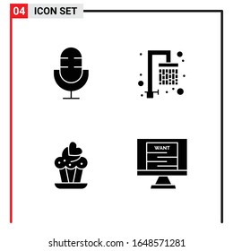 4 General Icons for website design print and mobile apps. 4 Glyph Symbols Signs Isolated on White Background. 4 Icon Pack.