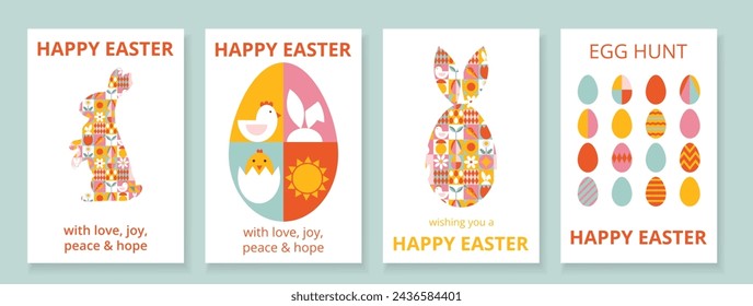 4 tarjetas de felicitación geométricas establecidas para Feliz Pascua con tipografía. Diseño de moda a partir de formas simples. Huevos de colores, conejito, sol, anidación, pollo. Estilo Bauhaus. Plantillas para póster, promoción, banner