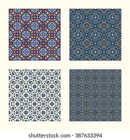 4 geometric seamless patterns set, retro style vector backgrounds collection.