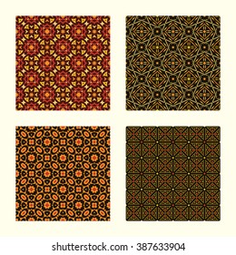 4 geometric seamless patterns set, retro style vector backgrounds collection.