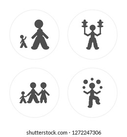 4 Giant man, Family Circus stunt Juggler man modern icons on round shapes, vector illustration, eps10, trendy icon set.