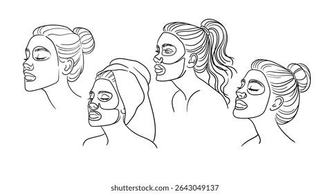 4 Meninas aplicando máscara de folha hidratante no rosto, desenho de linha continiosa. Salão de Spa, cosmetologia, cuidados com o corpo, delineamento de beleza. Ilustração vetorial