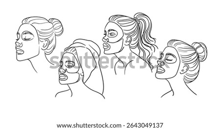 4 Girls applying moisturizing sheet mask on face, continious line drawing. Spa salon, cosmetology, body care, beauty routine outline. Vector illustration