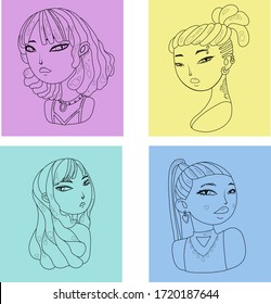 4 girl's portraits. Vector Outlined