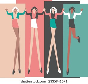 4 girls with very long legs. Happy friends hand in hand