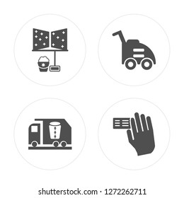 4 Glass cleaning, Garbage truck, Lawn mower, Wipe modern icons on round shapes, vector illustration, eps10, trendy icon set.