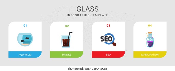 4 flache Glassymbole einzeln auf Infografik-Vorlage. Symbole mit Aquarium, Drinks, SEO, Manatränke Symbole.