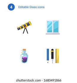 4 glass flat icons set isolated on . Icons set with telescope, window, mana potion, Drawing tools icons.