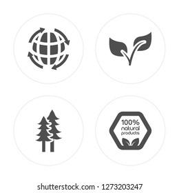 4 Global, Christmas trees, Leaves, 100 percent natural modern icons on round shapes, vector illustration, eps10, trendy icon set.