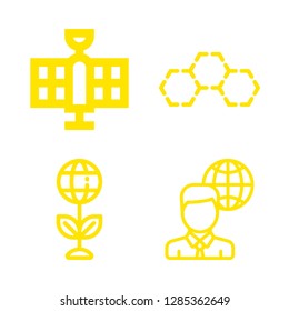 4 global icons with satellite and hexagonal molecule in this set