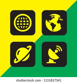 4 globe icons in vector set. earth globe with continents maps, world wide web, satellite and saturn illustration for web and graphic design
