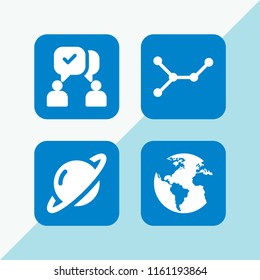 4 globe icons in vector set. nodes, earth globe with continents maps, communication and saturn illustration for web and graphic design