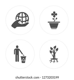 4 Globe on hand, Recycling, Flower, Tree and roots modern icons round shapes, vector illustration, eps10, trendy icon set.