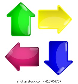 4 glossy arrow buttons. Color variation on white background. 3d volume effect. Colored glass icons for web and game apps. Vector illustration design elements.