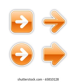 4 glossy arrow sign web 2.0 stickers. Orange button with gray shadow on white. 10 eps