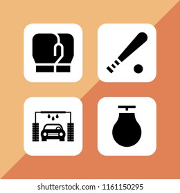 4 glove icons in vector set. punching ball, boxing gloves, baseball bat and cleaning illustration for web and graphic design