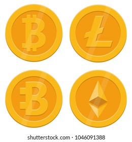 
4 gold coins with the sign of bitcoin, litecoin, bytecoin, ethereum. Money and Finance symbol Cryptocurrency. Vector illustration isolated on white background. Currency of cryptography.