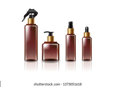4 gold heads/sizes brown square cosmetic bottle mockup template. Isolated on white background with reflection shadow. Ready to use for package design. Vector illustration.