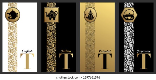4 gold, white and black flyers, composed of a floral band and 4 logos with teapots symbolizing different qualities of tea - English, Indian, Oriental and Jalonnais.