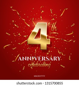 4 golden number and Anniversary Celebrating text with golden serpentine and confetti on red background. Vector fourth anniversary celebration event square template