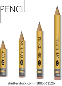 4 graphite pencils, realistic pencils of different sizes, yellow