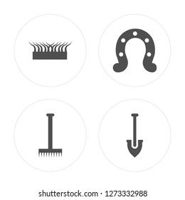 4 Grass, Rake, Horseshoe, Shovel modern icons on round shapes, vector illustration, eps10, trendy icon set.