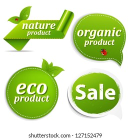 4 Green Set Eco Tags With Gradient Mesh, Isolated On White Background, Vector Illustration