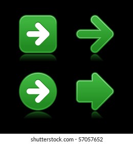 4 green web 2.0 button arrow sign. Satin smooth shapes with reflection on black background.