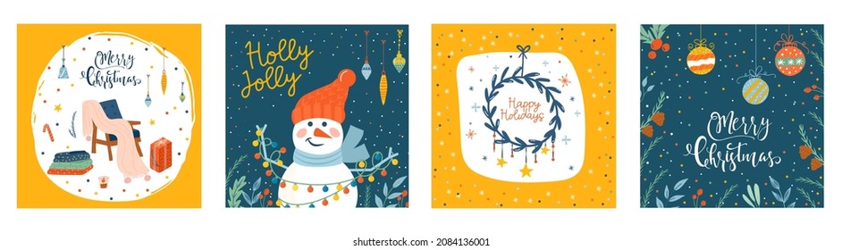 4 Greeting card of cozy Christmas decorations with text. Postcard with bauble, text, wreath, gifts, floral. Kids illustration. Scrapbook trendy collection