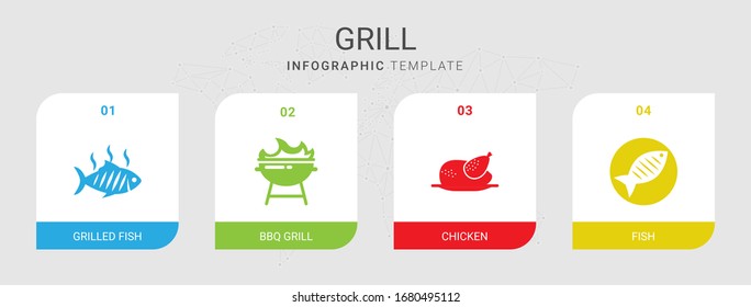 4 grill filled icons set isolated on infographic template. Icons set with grilled fish, BBQ Grill, chicken, Fish icons.