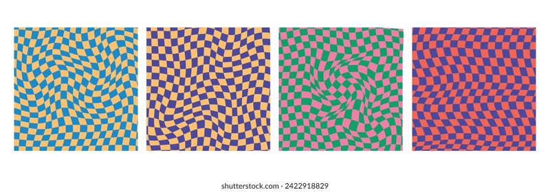 4 Groovy checkered psychedelic seamless patterns. Checkerboard. Funky hippie fashion print, retro background. Y2k aesthetic.