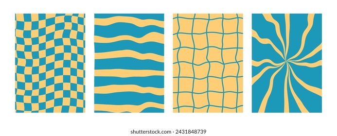 4 patrones Y2K estupendos: tablero de ajedrez retro, fondo vectorial ondulado con un giro lindo y psicodélico. Cuadrícula distorsionada en azul y amarillo