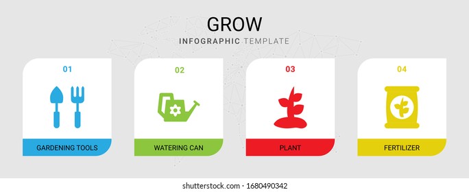 4 iconos rellenos de crecimiento establecidos aislados en plantilla infográfica. Iconos con herramientas de jardinería, lata de agua, planta, iconos de fertilizante.
