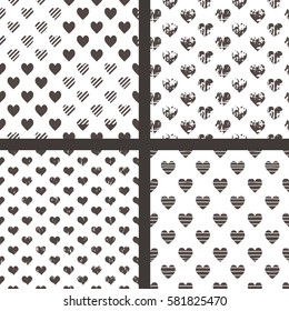 4 grunge monochrome seamless patterns with hearts