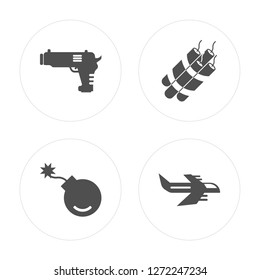 4 Gun, Bomb, Dynamite, Jet modern icons on round shapes, vector illustration, eps10, trendy icon set.
