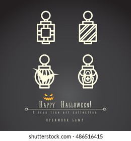 4 halloween vector line art app icons set, halloween accessories, openwork lamps decorated with geometric ornaments, bat and spider in white color on black background.