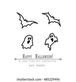 4 halloween vector outline icon set, bats and ghosts. Halloween accessories and symbols.