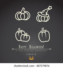 4 halloween vector outline icon set, pumpkins big and small, pumpkin in magic hat. Halloween accessories and symbols in white color on black background.