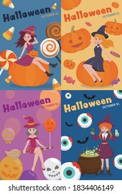 4 Halloween witches and pumpkins, cartoon character comic vector illustration, Asian style, vertical poster