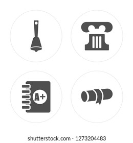 4 Hand bell, Clipboard with A+, Greek pillar, Rolled diploma modern icons on round shapes, vector illustration, eps10, trendy icon set.