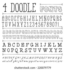 4 hand drawn doodle fonts isolated on white. Vector illustration.