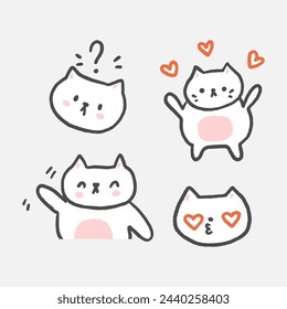 4 hand drawn ink kitten line emoticons